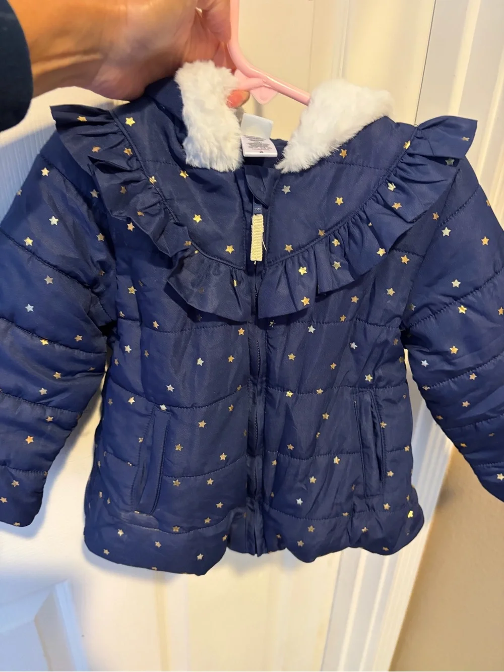 Carters Little Me Navy Gold Star White Faux Fur Ruffle Puffer Coat 24 Months